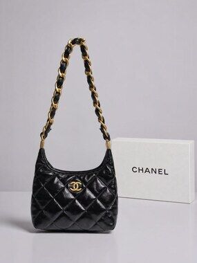 Chanel Shiny Black Calfskin Quilted Hobo with Gold Tone Hardware